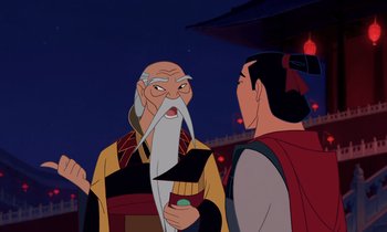 Movie still from “Mulan” (1998), directed by Tony Bancroft – An old man and an older man talking to each other; Medium shot, Over the shoulder angle