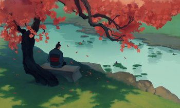 Movie still from “Mulan” (1998), directed by Tony Bancroft – A person sitting on a rock next to a body of water; Extreme Wide shot, High angle