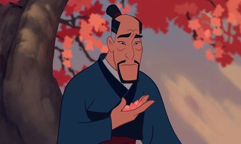 Movie still from “Mulan” (1998), directed by Tony Bancroft – An animated picture of an old man with a beard; Close Up shot, Over the shoulder angle