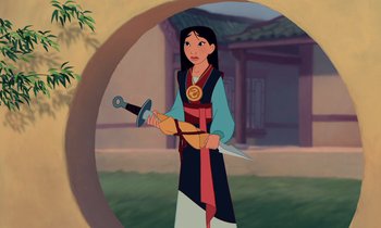 Movie still from “Mulan” (1998), directed by Tony Bancroft – Mulan is holding a sword in front of a building; Medium shot, Over the shoulder angle