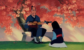 Movie still from “Mulan” (1998), directed by Tony Bancroft – An animated scene of a man and a woman sitting on a bench; Medium shot, Over the shoulder angle