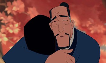 Movie still from “Mulan” (1998), directed by Tony Bancroft – An old man is hugging a young woman; Close Up shot, Over the shoulder angle