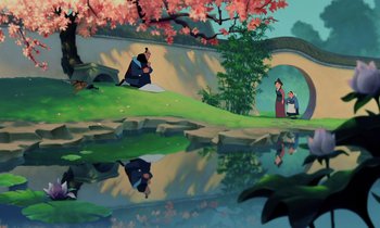 Movie still from “Mulan” (1998), directed by Tony Bancroft – An animated scene of a pond with a man and a woman sitting on a bench; Extreme Wide shot, Over the shoulder angle
