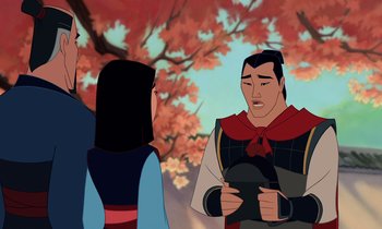 Movie still from “Mulan” (1998), directed by Tony Bancroft – A couple of people standing next to each other in front of a tree; Medium shot, Over the shoulder angle