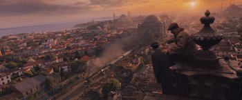 Movie still from “Murder on the Orient Express” (2017), directed by Kenneth Branagh – A view of a city from a bird's eye view; Extreme Wide shot, High angle