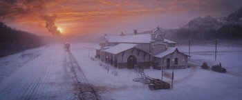 Movie still from “Murder on the Orient Express” (2017), directed by Kenneth Branagh – A train station in the middle of a snow covered field; Extreme Wide shot, Low angle