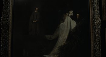 Movie still from “My Policeman” (2022), directed by Michael Grandage – A painting of a woman in a white dress and a man in a black suit; Extreme Wide shot, High angle