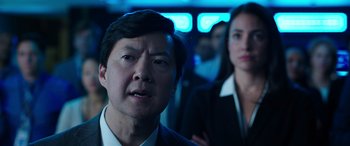 Movie still from “My Spy” (2020), directed by Peter Segal – A man and a woman standing next to each other; Close Up shot, Over the shoulder angle