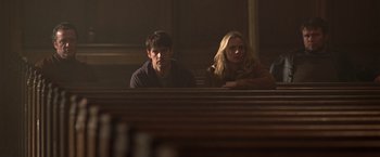 Movie still from “National Treasure” (2004), directed by Jon Turteltaub – A man and a woman sitting on a bench; Medium shot, Over the shoulder angle