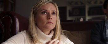 Movie still from “National Treasure: Book of Secrets” (2007), directed by Jon Turteltaub – A person sitting on a couch with her hands clasped; Close Up shot, Low angle
