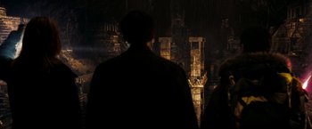 Movie still from “National Treasure: Book of Secrets” (2007), directed by Jon Turteltaub – A man standing in front of a building at night; Extreme Wide shot, High angle