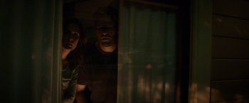 Movie still from “Neighbors” (2014), directed by Nicholas Stoller – A man and a woman standing next to each other in front of a window; Medium shot, Over the shoulder angle