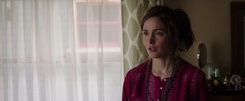 Movie still from “Neighbors” (2014), directed by Nicholas Stoller – A woman standing in front of a window; Close Up shot, Over the shoulder angle