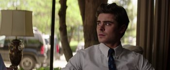 Movie still from “Neighbors” (2014), directed by Nicholas Stoller – A man in a white dress shirt and blue tie; Close Up shot, Over the shoulder angle