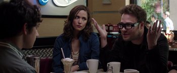 Movie still from “Neighbors” (2014), directed by Nicholas Stoller – A woman sitting at a table with a man; Medium shot, Over the shoulder angle