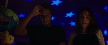 Movie still from “Neighbors” (2014), directed by Nicholas Stoller – A man in a black t - shirt and a woman in a black dress; Medium shot, Low angle