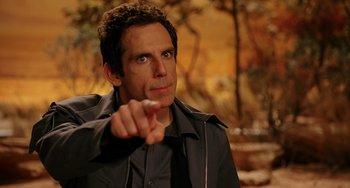 Movie still from “Night at the Museum” (2006), directed by Shawn Levy – Ben stiller is pointing to the camera; Close Up shot, Over the shoulder angle