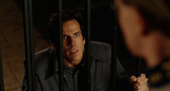 Movie still from “Night at the Museum” (2006), directed by Shawn Levy – Ben stiller in front of a fence; Close Up shot, Over the shoulder angle