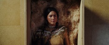 Movie still from “Night at the Museum: Battle of the Smithsonian” (2009), directed by Shawn Levy – A woman in native american clothing standing in hay; Close Up shot, Overhead angle