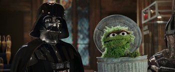 Movie still from “Night at the Museum: Battle of the Smithsonian” (2009), directed by Shawn Levy – A person wearing a darth vader mask; Medium shot, Low angle