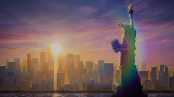 Movie still from “Night at the Museum: Kahmunrah Rises Again” (2022), directed by Justin Lovell – The statue of liberty is in front of the city skyline; Extreme Wide shot, Low angle