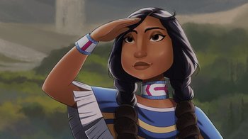 Movie still from “Night at the Museum: Kahmunrah Rises Again” (2022), directed by Justin Lovell – An illustration of a woman saluting with her hand on her forehead; Close Up shot, Low angle