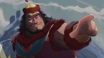 Movie still from “Night at the Museum: Kahmunrah Rises Again” (2022), directed by Justin Lovell – An illustration of a man in a red and yellow outfit; Extreme Close Up shot, Low angle