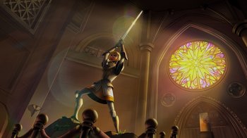 Movie still from “Night at the Museum: Kahmunrah Rises Again” (2022), directed by Justin Lovell – A painting of a woman holding a sword in a room; Wide shot, Low angle