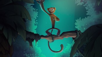Movie still from “Night at the Museum: Kahmunrah Rises Again” (2022), directed by Justin Lovell – An animated monkey hanging from a tree branch; Wide shot, Low angle