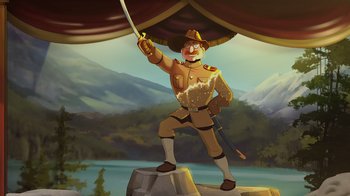 Movie still from “Night at the Museum: Kahmunrah Rises Again” (2022), directed by Justin Lovell – An animated picture of a man holding a sword in his hand; Wide shot, Low angle