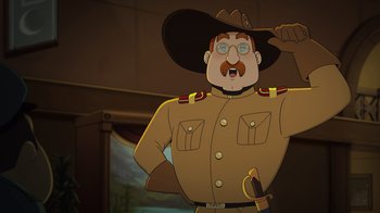 Movie still from “Night at the Museum: Kahmunrah Rises Again” (2022), directed by Justin Lovell – An animated character is wearing a cowboy hat; Medium shot, Over the shoulder angle
