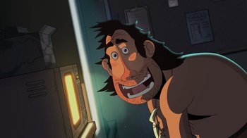 Movie still from “Night at the Museum: Kahmunrah Rises Again” (2022), directed by Justin Lovell – An animated man with long black hair looking at a computer screen; Close Up shot, Low angle