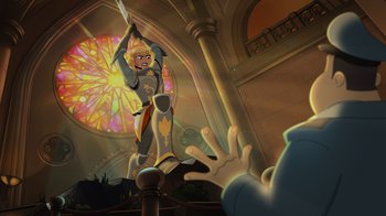 Movie still from “Night at the Museum: Kahmunrah Rises Again” (2022), directed by Justin Lovell – A cartoon of a woman holding a sword in the air; Wide shot, Low angle