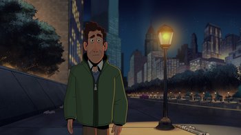 Movie still from “Night at the Museum: Kahmunrah Rises Again” (2022), directed by Justin Lovell – An animated man standing next to a street light; Medium shot, Over the shoulder angle
