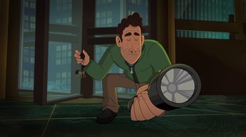 Movie still from “Night at the Museum: Kahmunrah Rises Again” (2022), directed by Justin Lovell – A man is holding a clock while holding two keys; Medium shot, Overhead angle