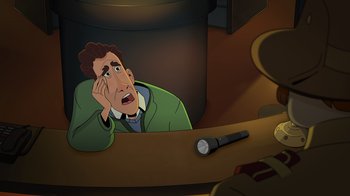 Movie still from “Night at the Museum: Kahmunrah Rises Again” (2022), directed by Justin Lovell – A cartoon of a man sitting in front of a table with a flashlight; Medium shot, Overhead angle