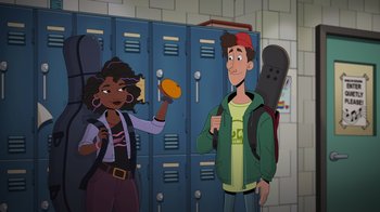 Movie still from “Night at the Museum: Kahmunrah Rises Again” (2022), directed by Justin Lovell – Two cartoon characters in front of lockers; Medium shot, Over the shoulder angle