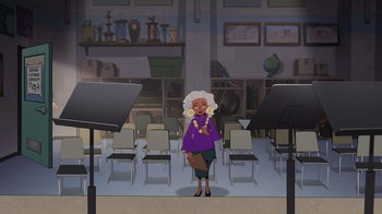 Movie still from “Night at the Museum: Kahmunrah Rises Again” (2022), directed by Justin Lovell – An illustration of an older woman in a classroom; Extreme Wide shot, High angle
