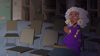 Movie still from “Night at the Museum: Kahmunrah Rises Again” (2022), directed by Justin Lovell – An animated woman in a purple shirt holding a pencil; Medium shot, High angle