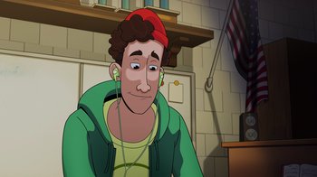 Movie still from “Night at the Museum: Kahmunrah Rises Again” (2022), directed by Justin Lovell – A man with headphones is sitting in a room; Close Up shot, Low angle