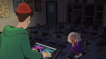 Movie still from “Night at the Museum: Kahmunrah Rises Again” (2022), directed by Justin Lovell – Two people sitting in front of computer monitors; Medium shot, Over the shoulder angle