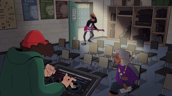 Movie still from “Night at the Museum: Kahmunrah Rises Again” (2022), directed by Justin Lovell – An illustration of people in a room with chairs and a laptop; Wide shot, High angle