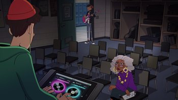 Movie still from “Night at the Museum: Kahmunrah Rises Again” (2022), directed by Justin Lovell – An animated scene of a person playing a musical instrument; Wide shot, Over the shoulder angle