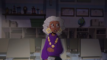 Movie still from “Night at the Museum: Kahmunrah Rises Again” (2022), directed by Justin Lovell – An old woman with a purple shirt and yellow earrings; Medium shot, Over the shoulder angle