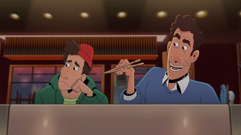 Movie still from “Night at the Museum: Kahmunrah Rises Again” (2022), directed by Justin Lovell – A cartoon of two people sitting at a table with chopsticks in their hands; Medium shot, Overhead angle