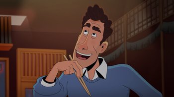 Movie still from “Night at the Museum: Kahmunrah Rises Again” (2022), directed by Justin Lovell – A man holding chopsticks in his mouth; Close Up shot, Low angle