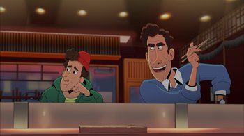 Movie still from “Night at the Museum: Kahmunrah Rises Again” (2022), directed by Justin Lovell – A cartoon of two men sitting at a table; Medium shot, Overhead angle