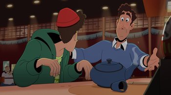Movie still from “Night at the Museum: Kahmunrah Rises Again” (2022), directed by Justin Lovell – Two people sitting at a table with a pot on the table; Medium shot, Over the shoulder angle