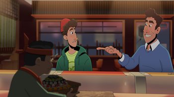 Movie still from “Night at the Museum: Kahmunrah Rises Again” (2022), directed by Justin Lovell – A man sitting at a table in front of another man; Medium shot, Over the shoulder angle