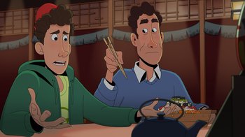 Movie still from “Night at the Museum: Kahmunrah Rises Again” (2022), directed by Justin Lovell – Two people sitting at a table with chopsticks in their hands; Medium shot, Overhead angle